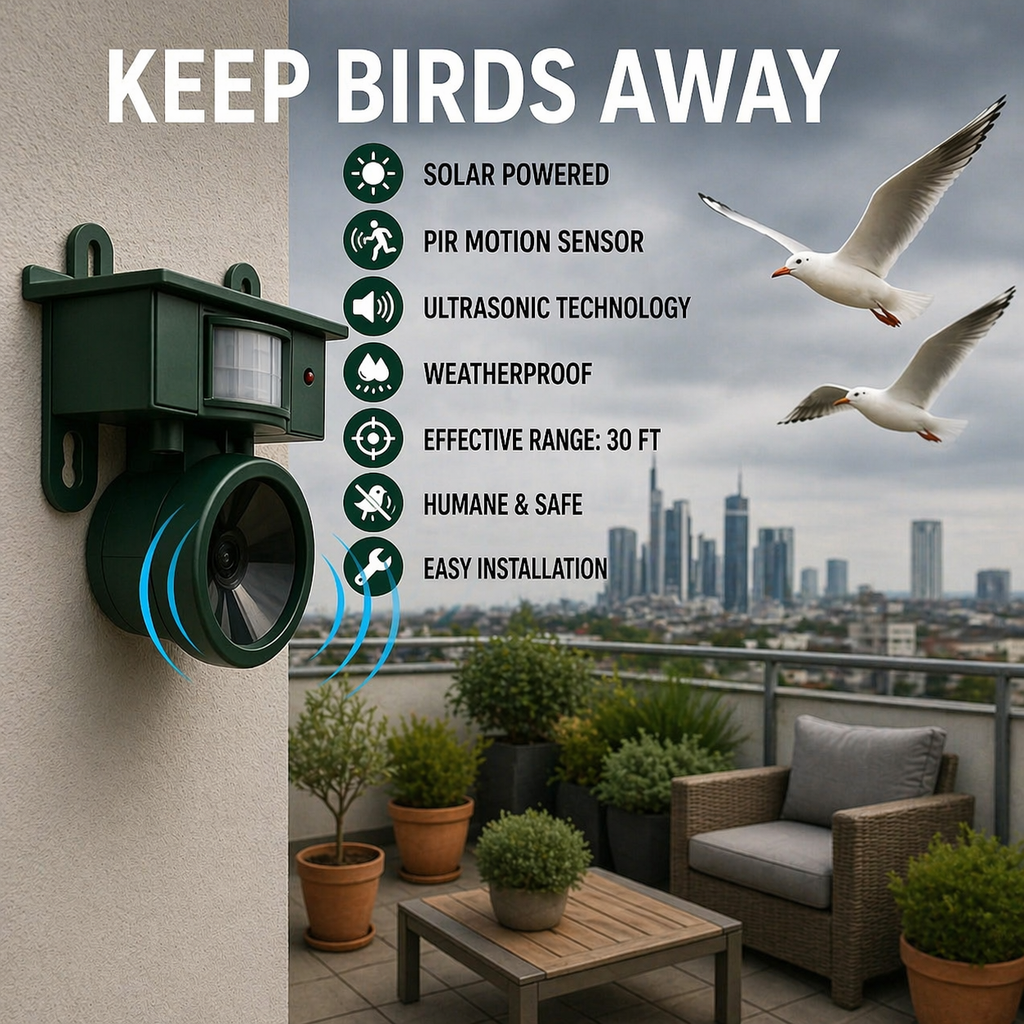 Bird Repellent | Sensor Solar-Powered | Animal-Friendly Bird of Prey Sounds | Birdfend