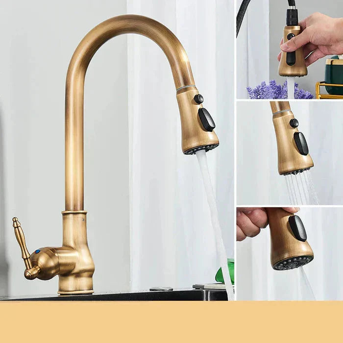 Antique Brass Kitchen Faucet | Single Lever Control | Swivel Spout | BrassArc