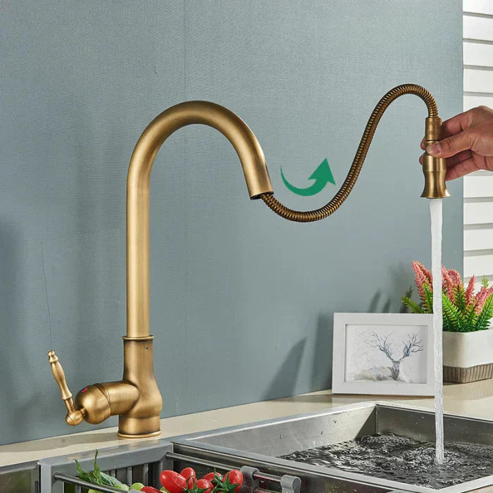 Antique Brass Kitchen Faucet | Single Lever Control | Swivel Spout | BrassArc