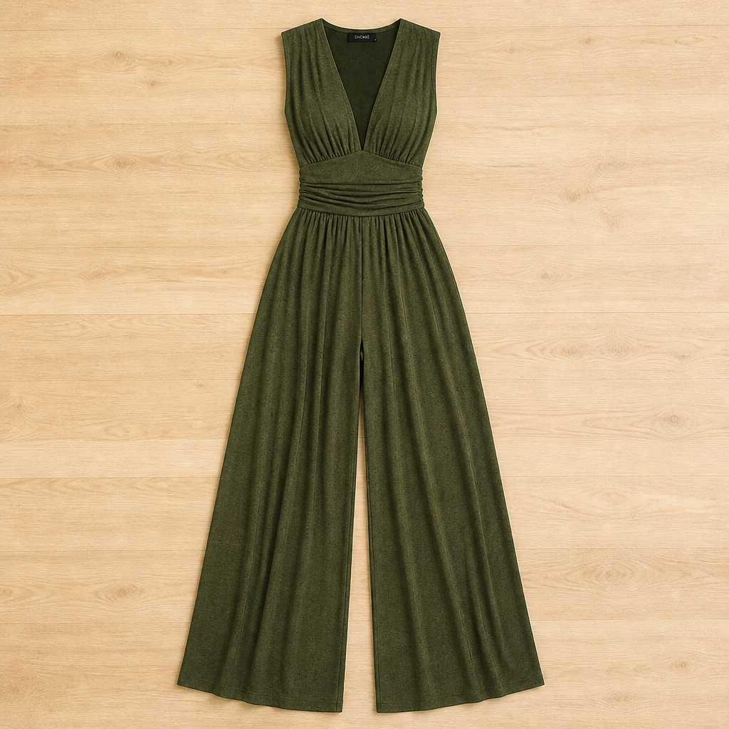 Verisse™ – Flowy Wide-Leg Jumpsuit with Ruched Waist and Deep V-Neck