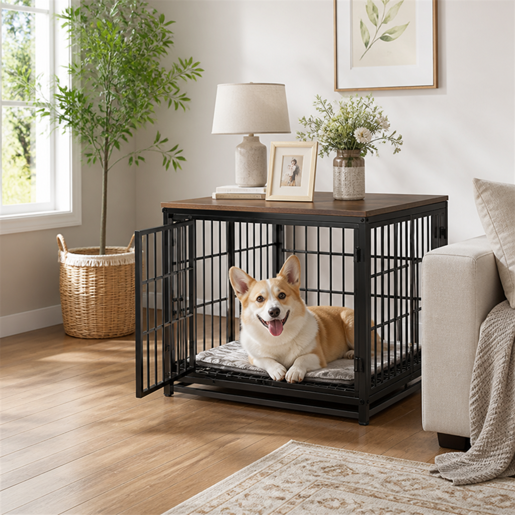 Dog Crate | End Table with Wood Top | Removable Slide Tray & 3 Doors | Space-Saving