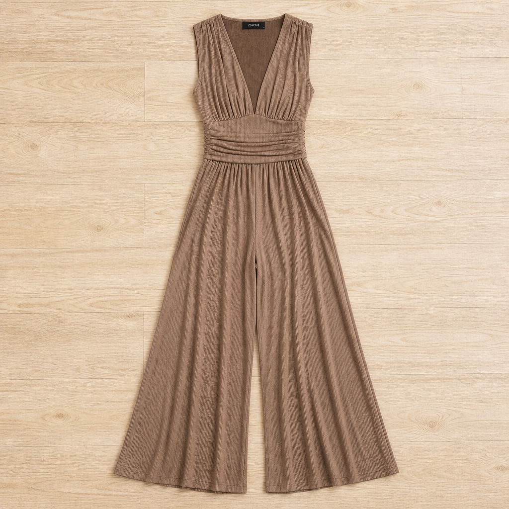 Verisse™ – Flowy Wide-Leg Jumpsuit with Ruched Waist and Deep V-Neck