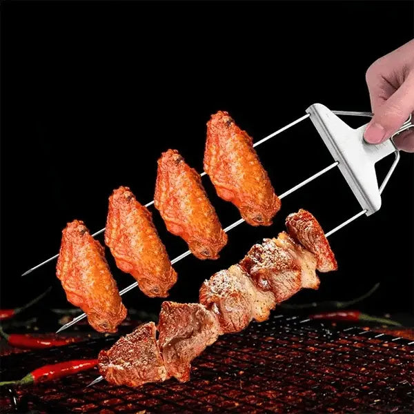 Stainless Steel Grill Skewer | Twin Prongs | Slide Scraper for Clean Serving | SkewerPro