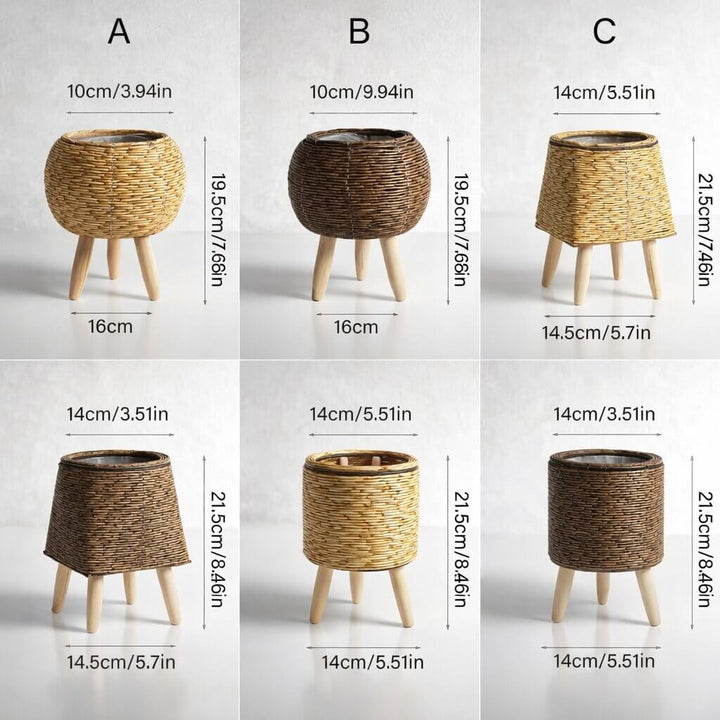 Flowerpot with Wooden Feet | Woven Basket Pattern | For Indoor & Outdoor Use | Plantara