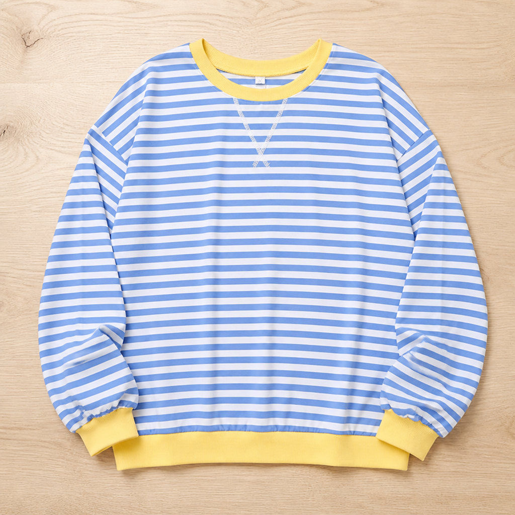 VeroLuxe™ – Relaxed Striped Crewneck Sweatshirt with Contrast Trim