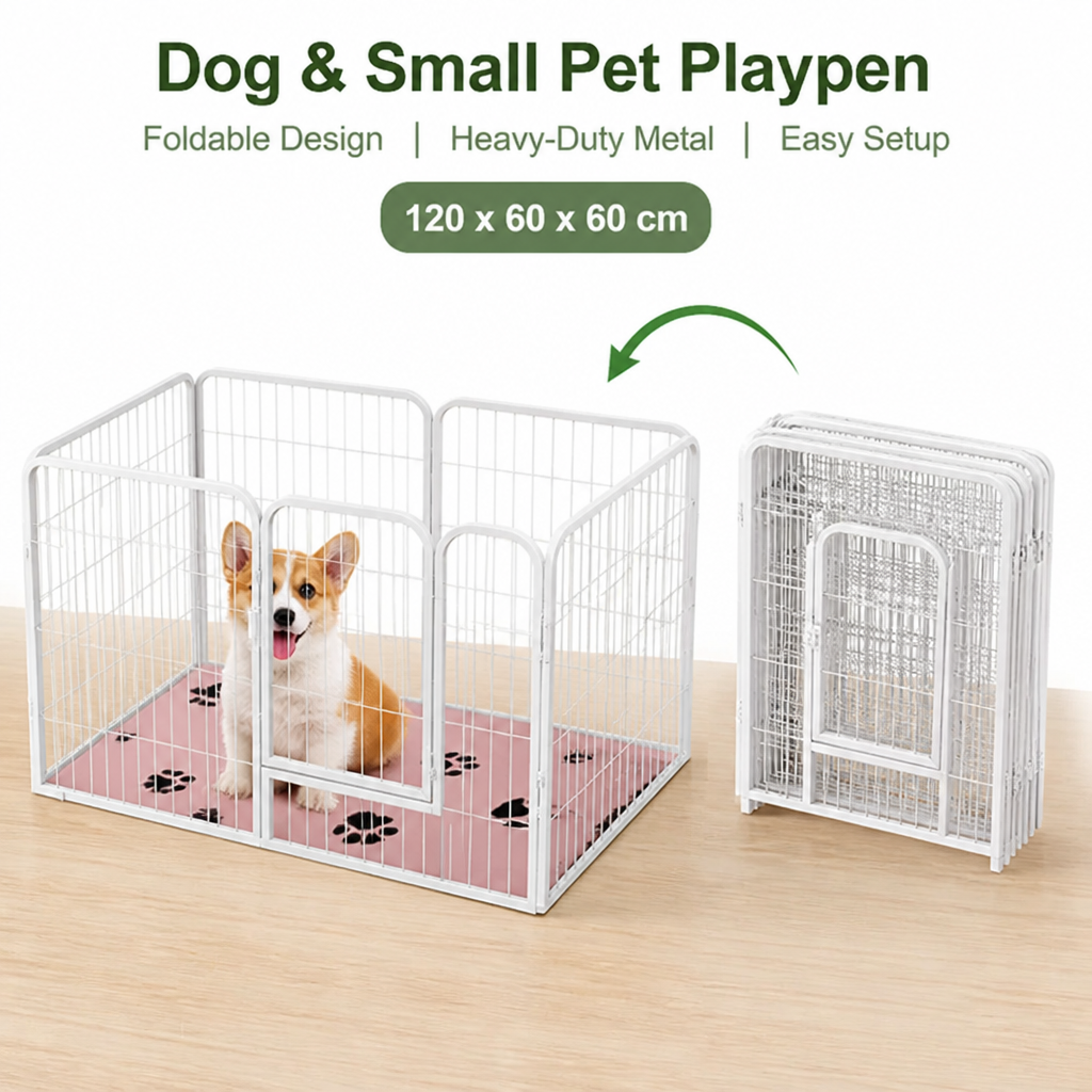 Dog & Small Pet Playpen 120x60x60cm | Foldable Heavy-Duty Metal Fence | Stainless Steel Panels