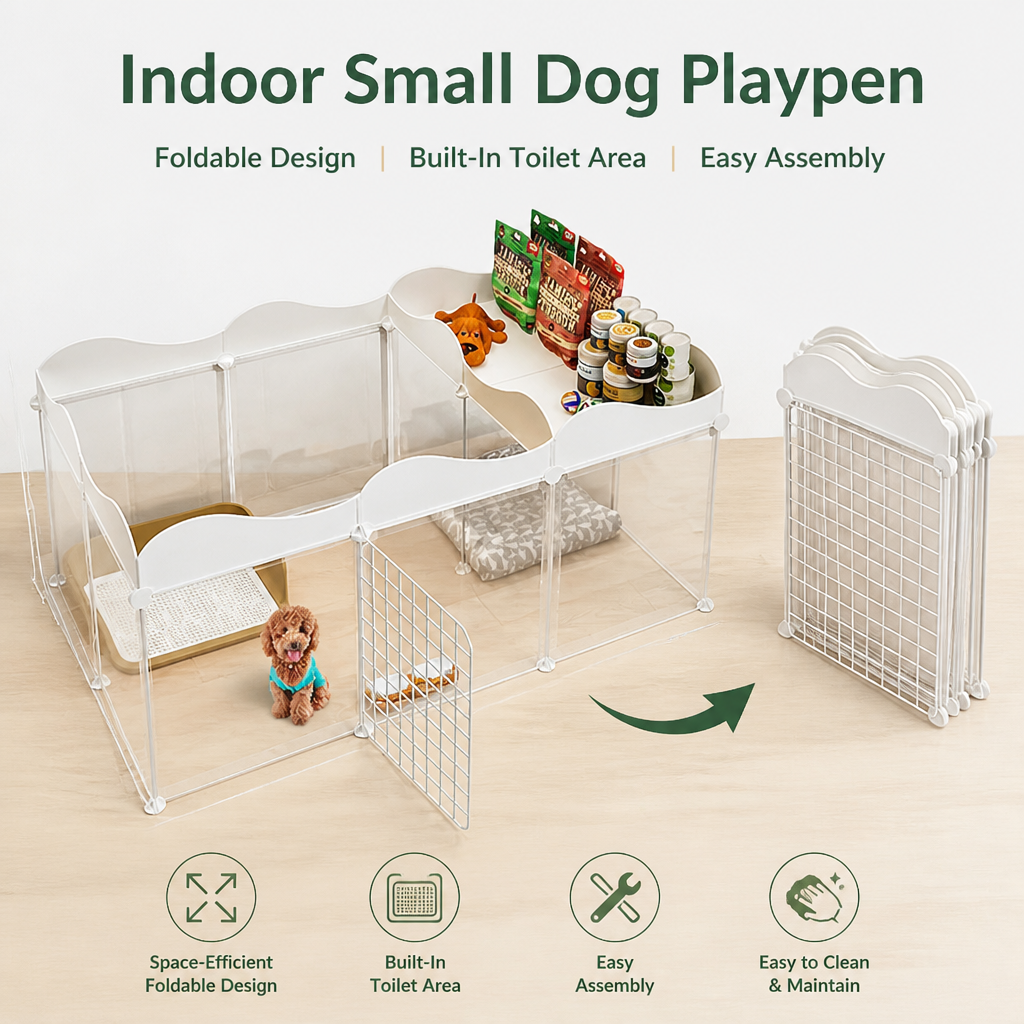 Indoor Small Dog Playpen | Foldable Design | Built-In Toilet Area | Easy Assembly