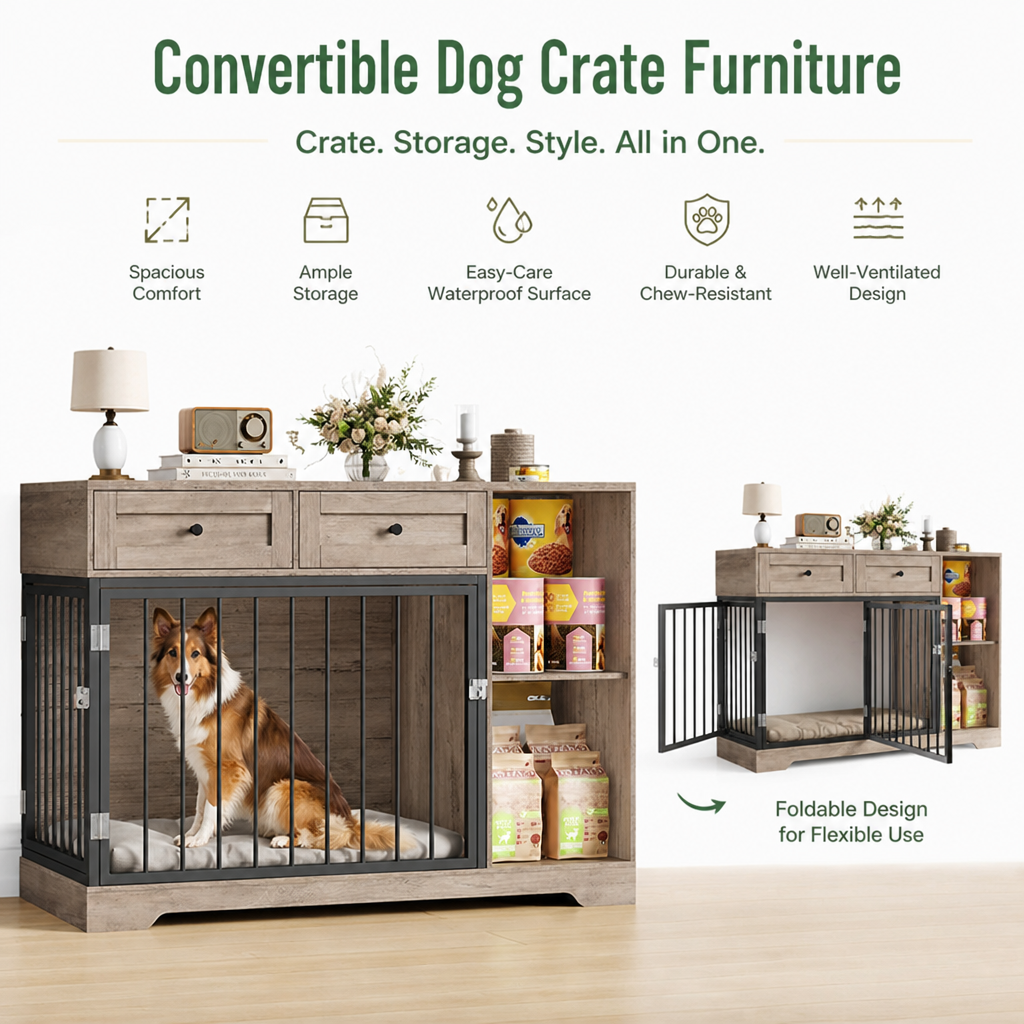 Dog Crate Furniture | Convertible Sideboard | Wood & Metal Frame, Storage Drawers | 120×60×87 cm
