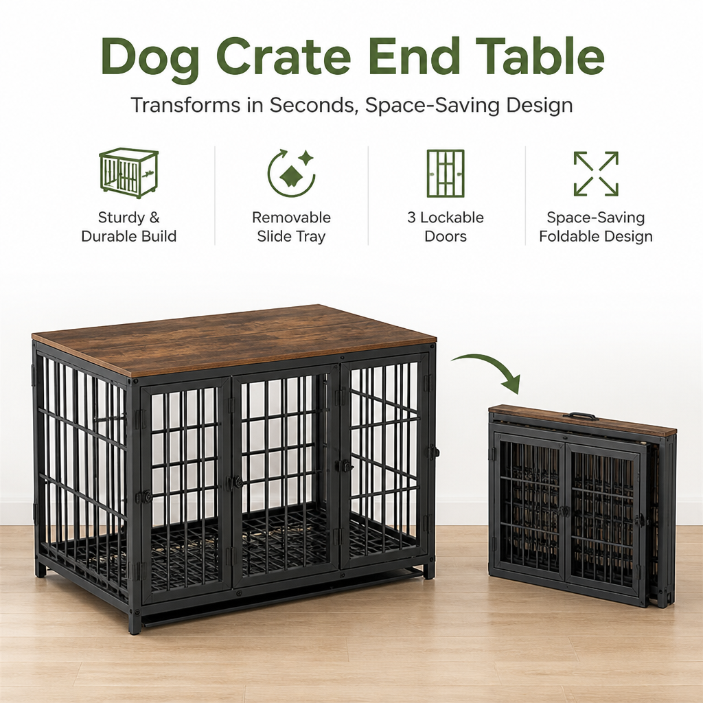 Dog Crate | End Table with Wood Top | Removable Slide Tray & 3 Doors | Space-Saving