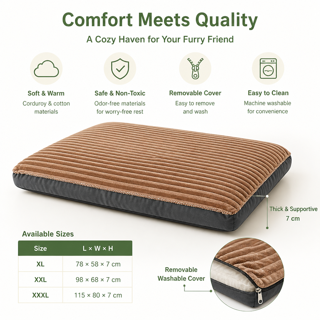 Dog Bed for Medium & Large Dogs | Corduroy & Cotton Thick Sleeping Mat | Removable Washable Cover | Warm & Cozy