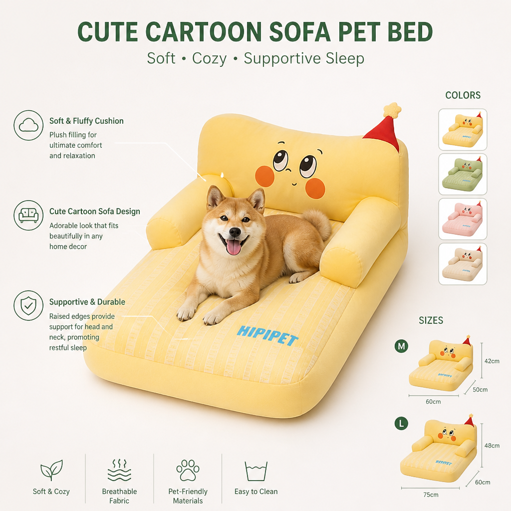 Dog & Cat Bed | Cute Cartoon Sofa Design | Soft Fluffy Cushion | Comfortable Sleep