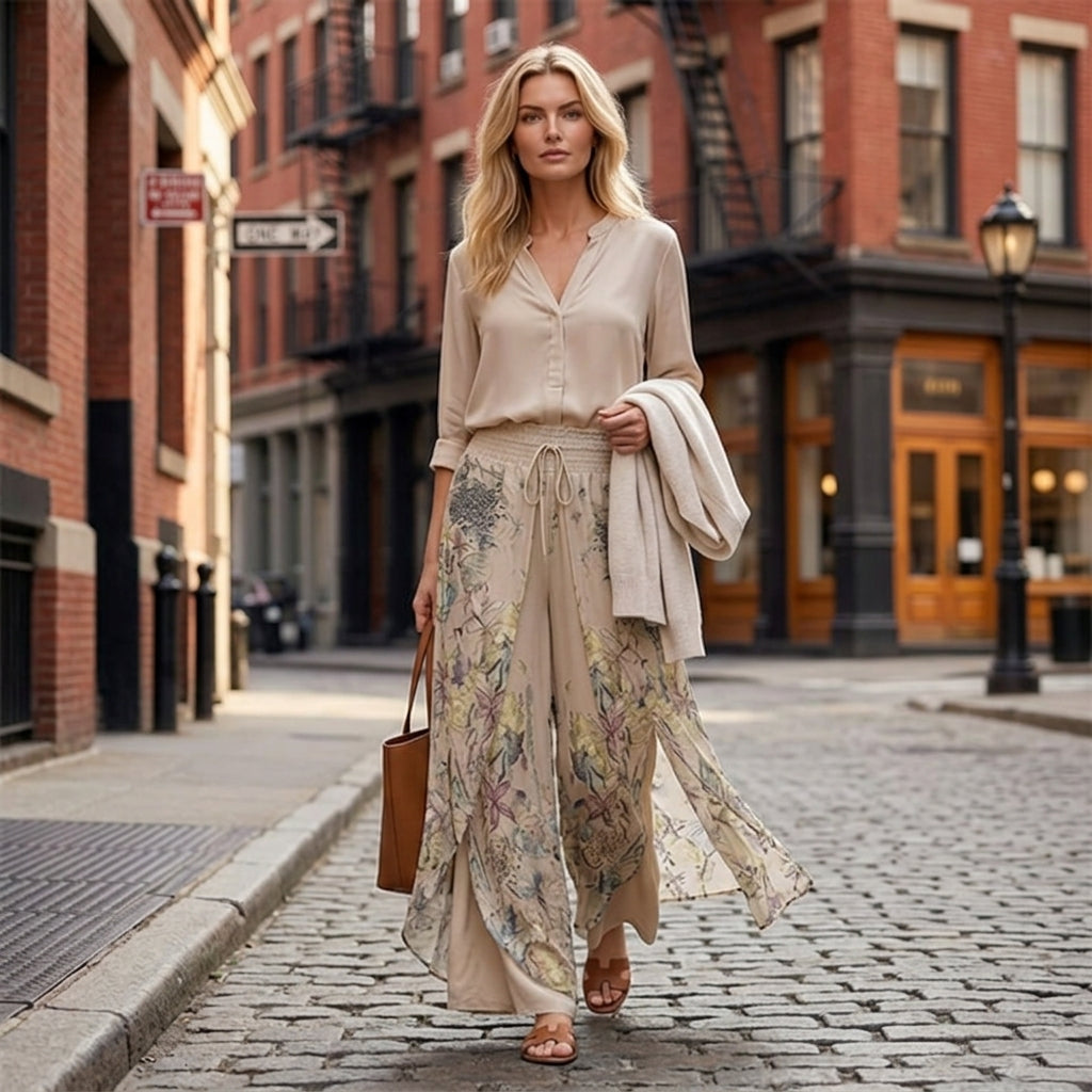 VeloraEase™ – Breezy Printed Wide-Leg Pants with Petal-Wrap Hem