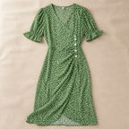 SeraphineAura™ – Ditsy Floral Wrap Midi Dress with Ruched Tulip Hem