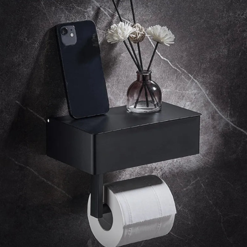 Toilet Paper Holder | Wall-Mounted with Shelf | No-Drill Installation with Box | Rolluxe