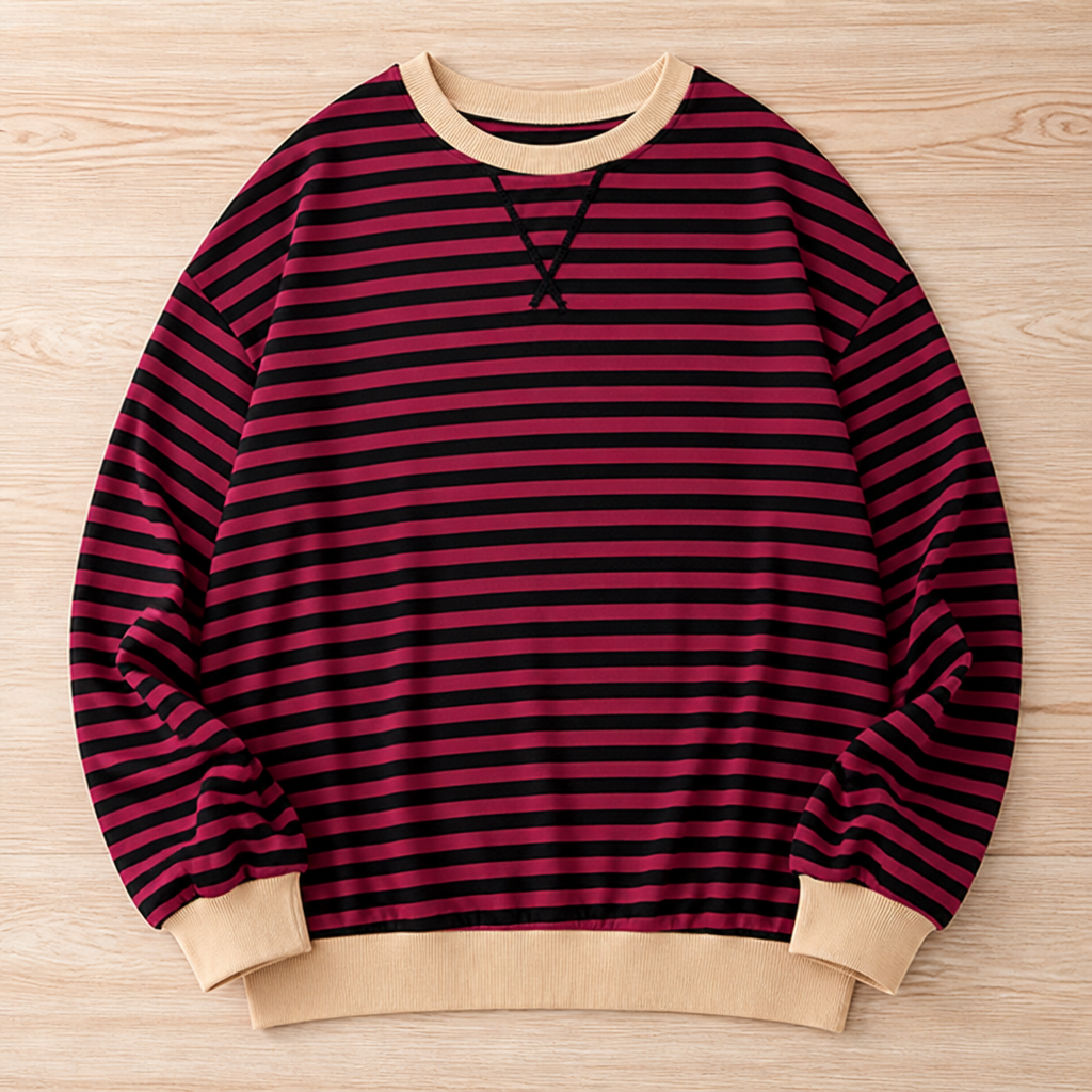 VeroLuxe™ – Relaxed Striped Crewneck Sweatshirt with Contrast Trim
