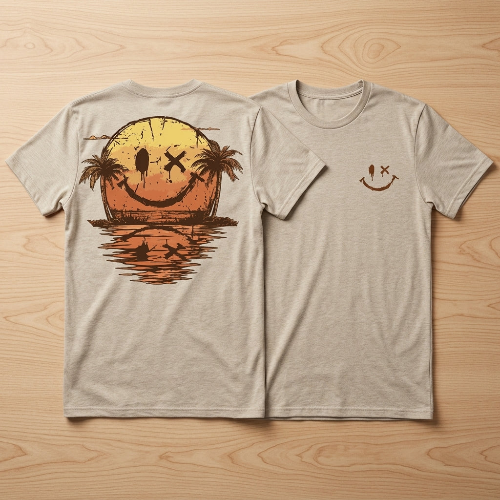 SolaraWave™ – Retro Sunset Smiley Graphic Tee with Front & Back Print