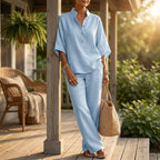 VeraLuxe™ – Relaxed Linen Two-Piece Set with Wide-Leg Pants