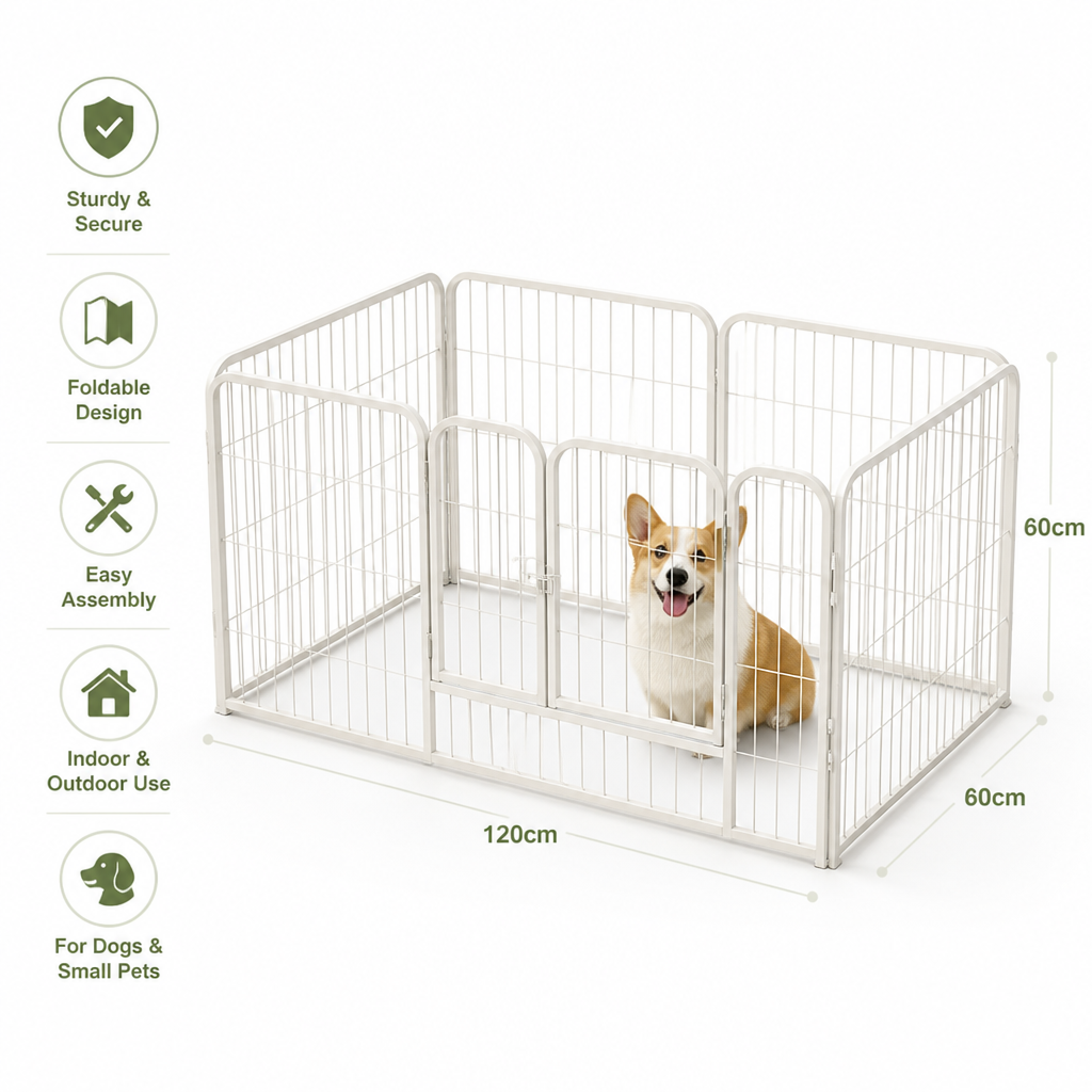 Dog & Small Pet Playpen 120x60x60cm | Foldable Heavy-Duty Metal Fence | Stainless Steel Panels