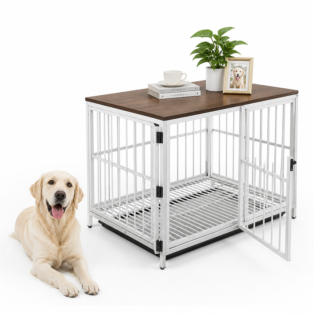 Dog Crate | End Table with Wood Top | Removable Slide Tray & 3 Doors | Space-Saving