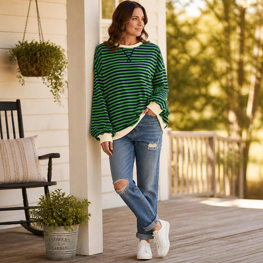 VeroLuxe™ Casual Long Sleeve Round Neck Striped Shirt — Wrap Yourself in Soft Confidence and Effortless Style All Day