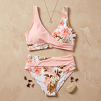 MaraisBelle™ – Tropical Floral Wrap-Front Bikini Set with High-Waisted Ruched Bottom