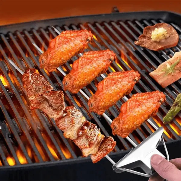 Stainless Steel Grill Skewer | Twin Prongs | Slide Scraper for Clean Serving | SkewerPro