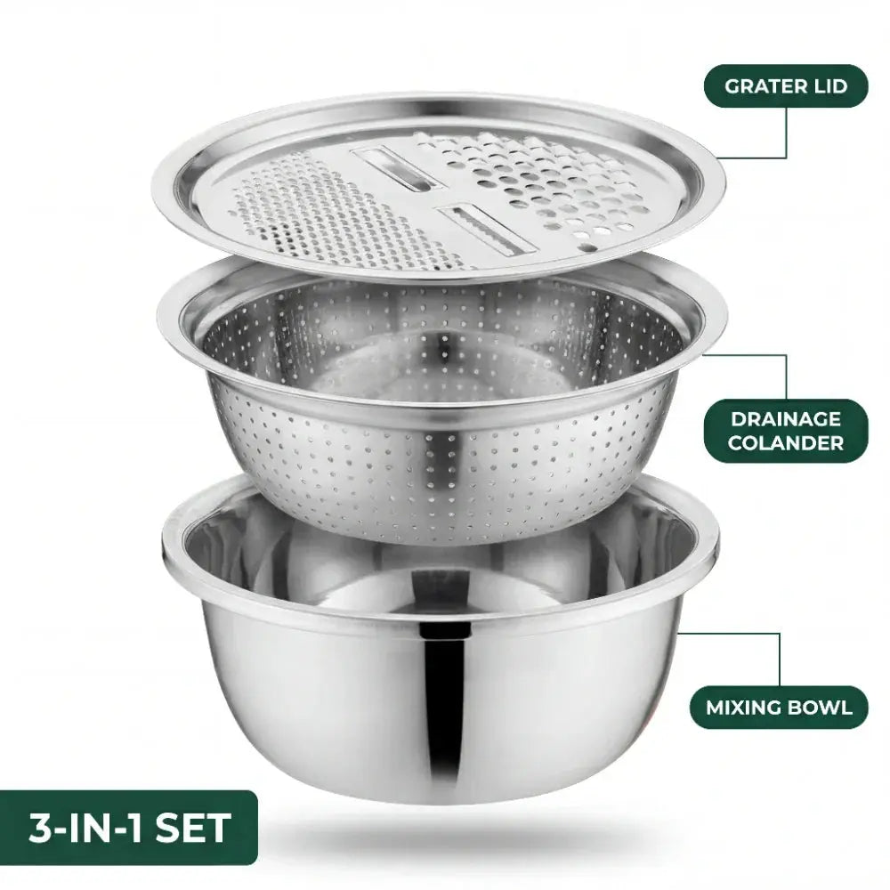3-in-1 Mixing Bowl Set | Built-in Grid and Drain System | Stackable and Space-Saving | MultiPrep