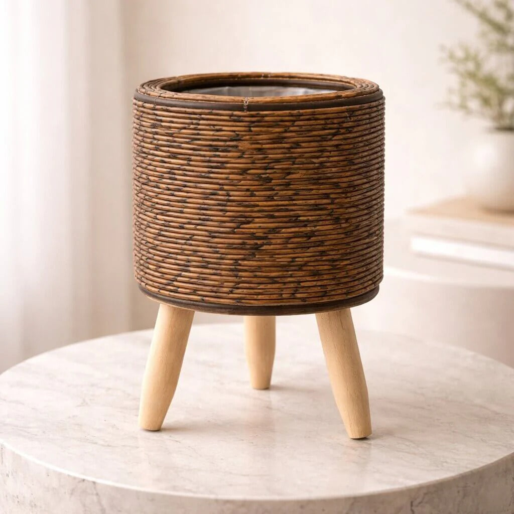 Flowerpot with Wooden Feet | Woven Basket Pattern | For Indoor & Outdoor Use | Plantara