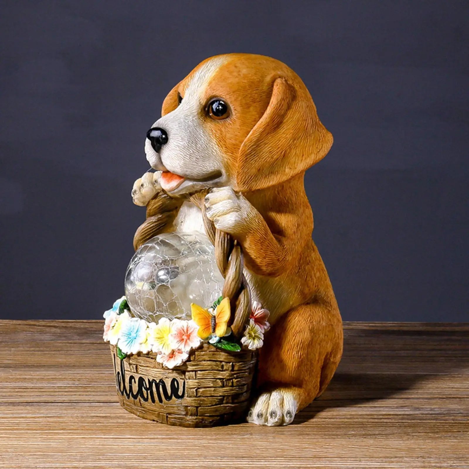 Solar-Powered Dog Sculpture with LED | Resin | Weather-Resistant Garden Ornament | Solo Dog
