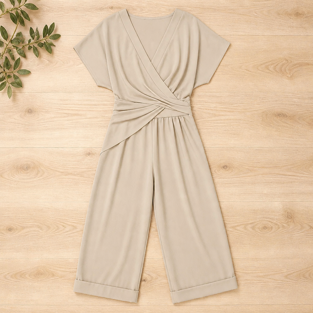 SolaraLuxe™ – Wrap-Front Wide-Leg Jumpsuit with Twist Waist
