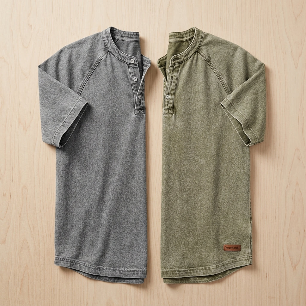VesperLoom™ – Vintage Mineral-Wash Raglan Henley Tee