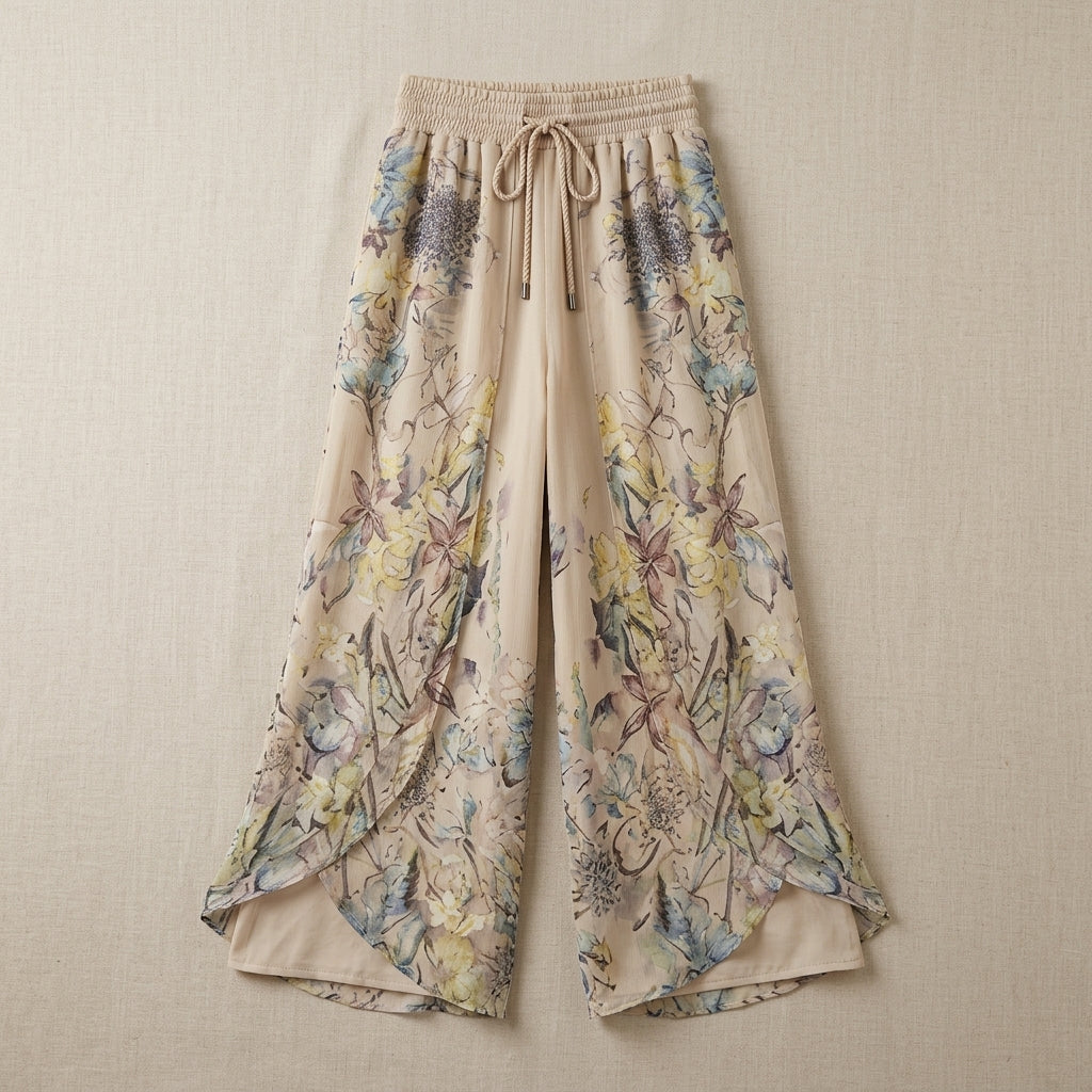 VeloraEase™ – Breezy Printed Wide-Leg Pants with Petal-Wrap Hem
