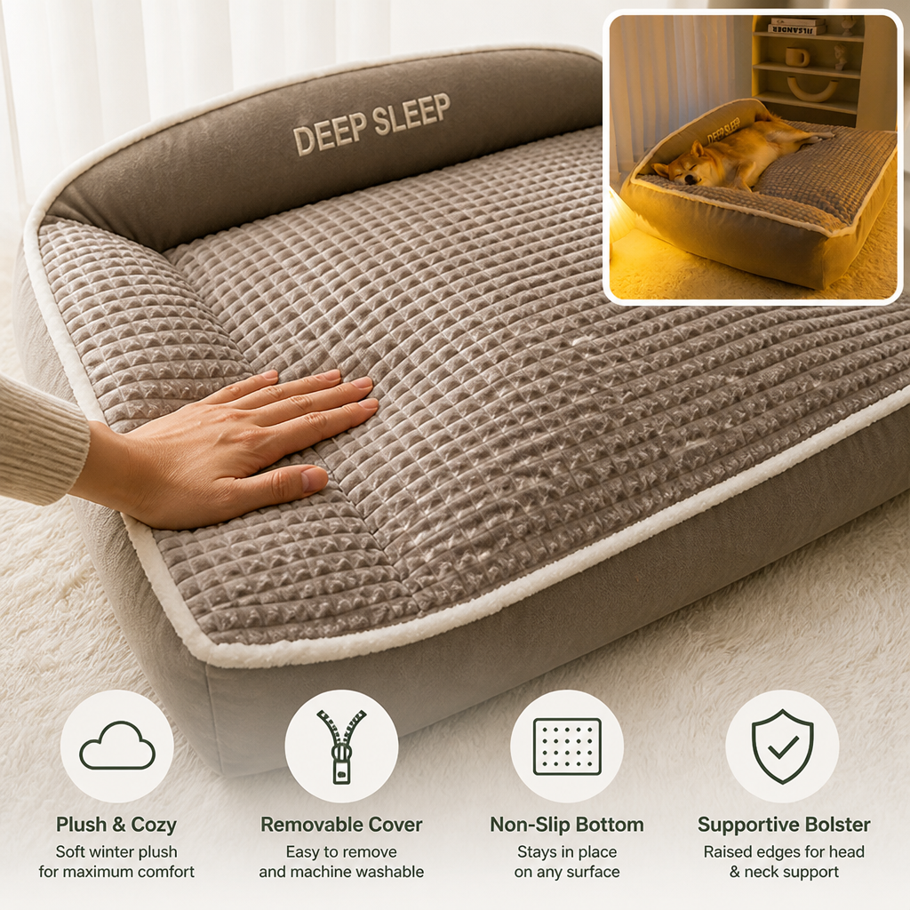 Pet Sofa Bed | Luxury Winter Plush Bolster | Removable Cover & Non-Slip Bottom