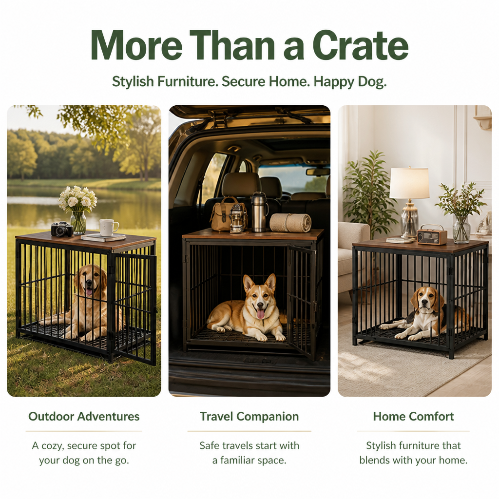 Dog Crate | End Table with Wood Top | Removable Slide Tray & 3 Doors | Space-Saving