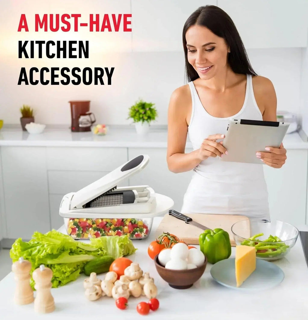 Vegetable Cutter | Dicing, Chopping and Grating | Collection Container & Safety Holder | VegiCut