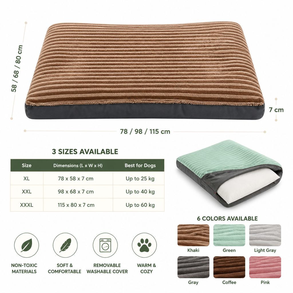 Dog Bed for Medium & Large Dogs | Corduroy & Cotton Thick Sleeping Mat | Removable Washable Cover | Warm & Cozy