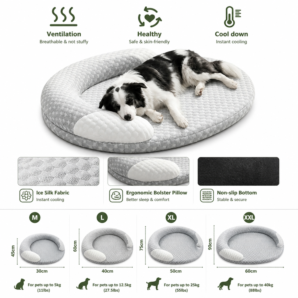 Cooling Pet Bed | Ice Silk Cooling, Honeycomb Breathable | Removable Washable Cover & Non-Slip