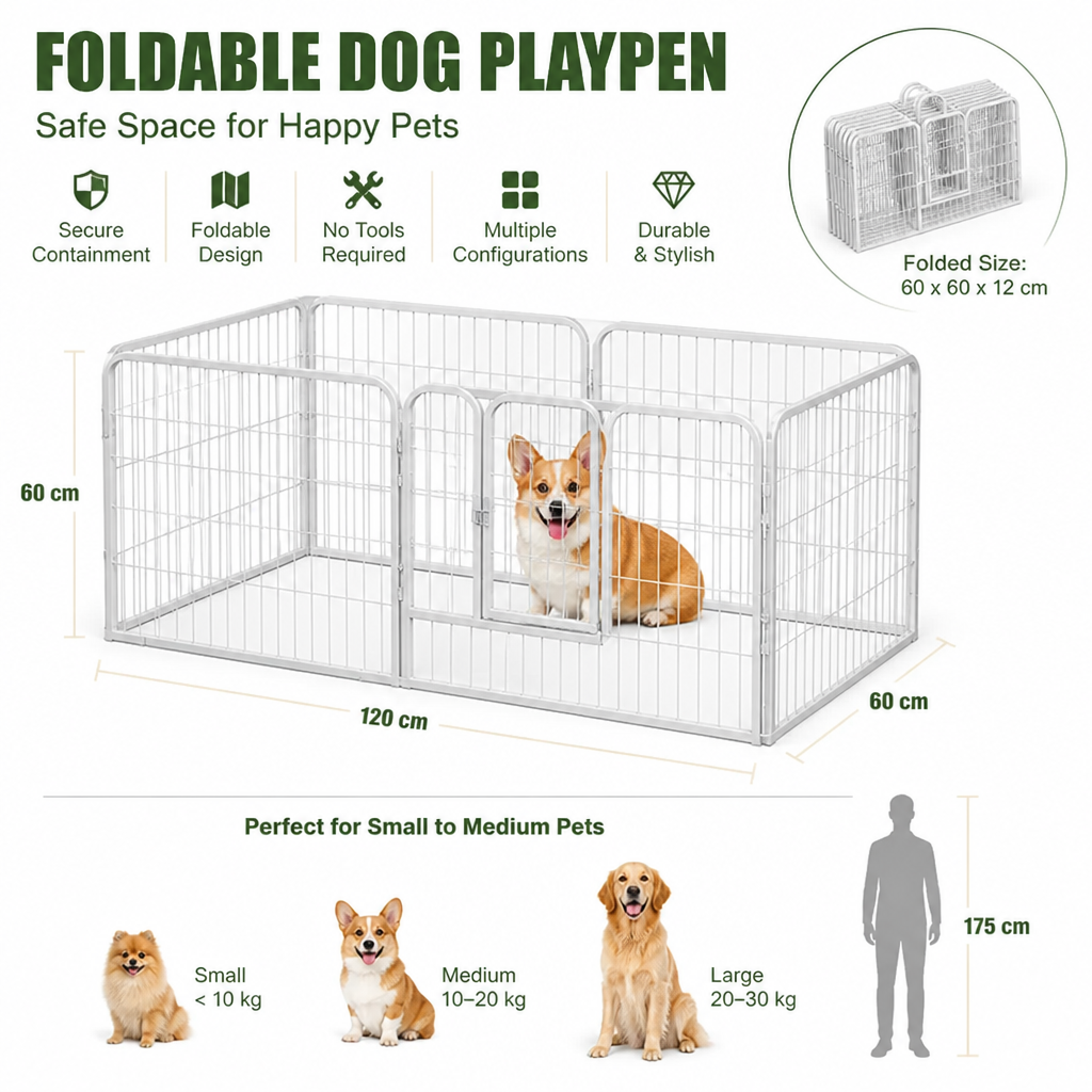 Dog & Small Pet Playpen 120x60x60cm | Foldable Heavy-Duty Metal Fence | Stainless Steel Panels