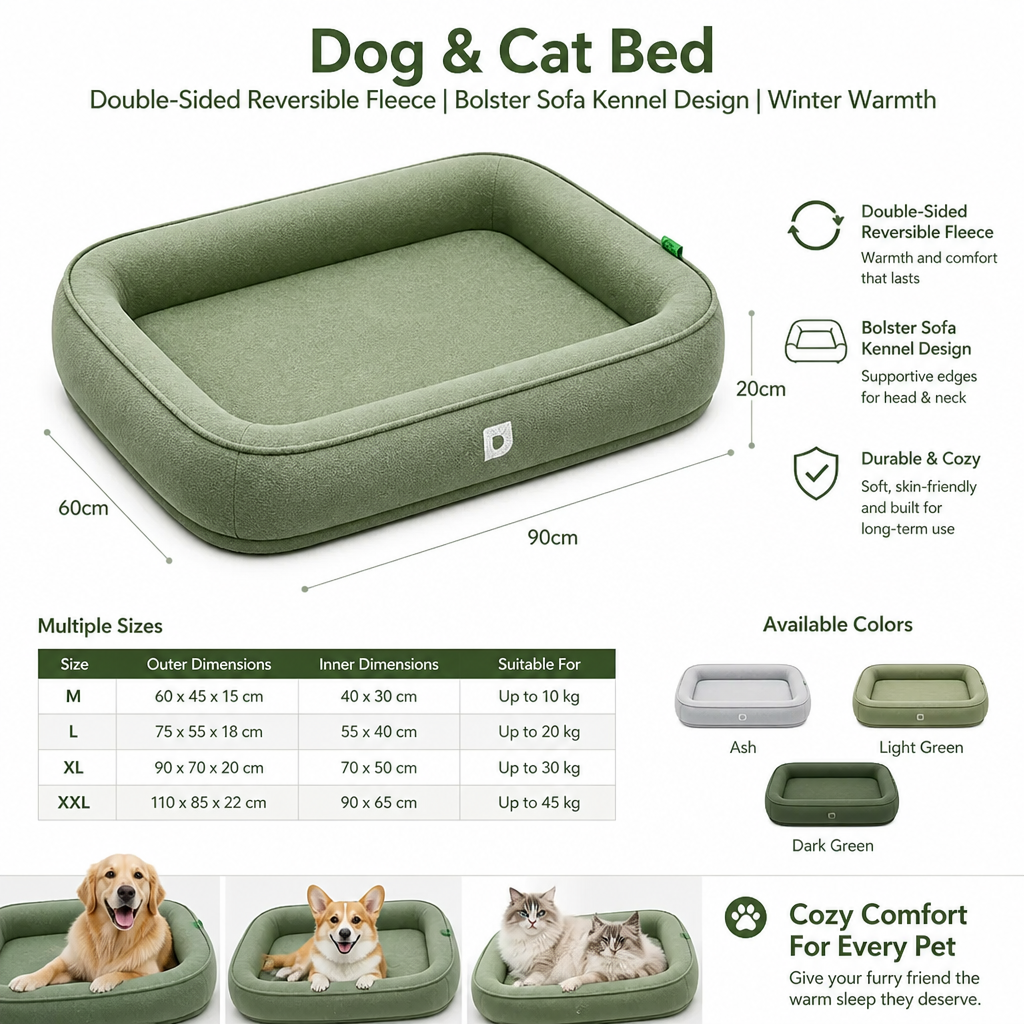 Dog & Cat Bed | Double-Sided Reversible Fleece | Bolster Sofa Kennel Design | Winter Warmth