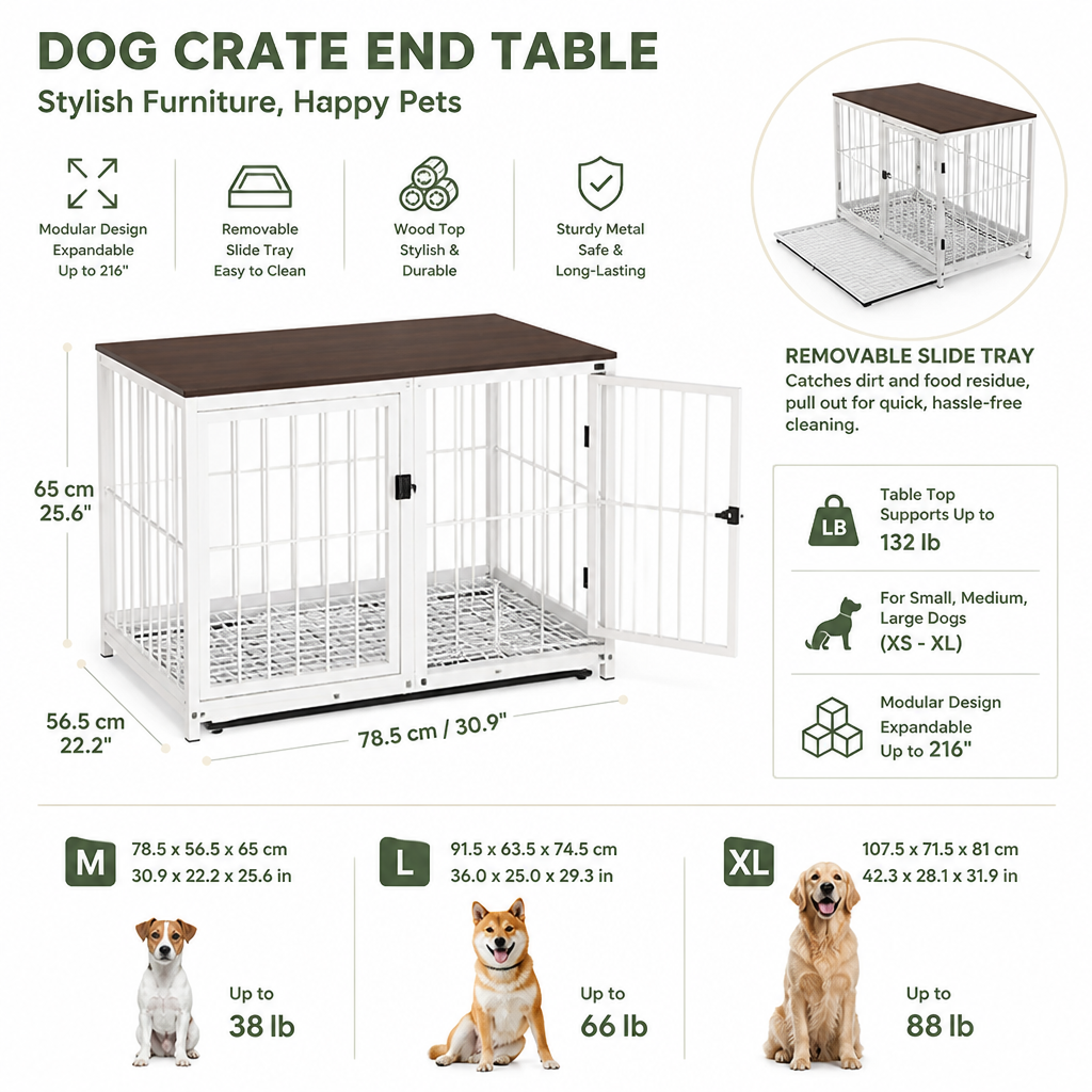 Dog Crate | End Table with Wood Top | Removable Slide Tray & 3 Doors | Space-Saving