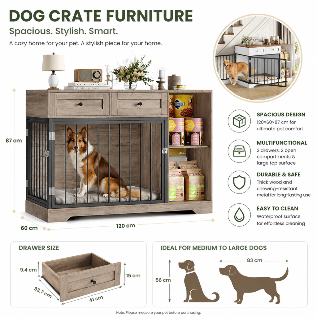 Dog Crate Furniture | Convertible Sideboard | Wood & Metal Frame, Storage Drawers | 120×60×87 cm
