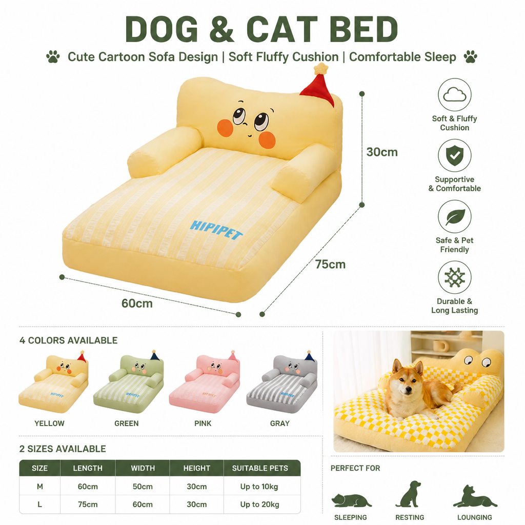 Dog & Cat Bed | Cute Cartoon Sofa Design | Soft Fluffy Cushion | Comfortable Sleep