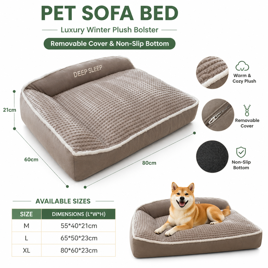 Pet Sofa Bed | Luxury Winter Plush Bolster | Removable Cover & Non-Slip Bottom