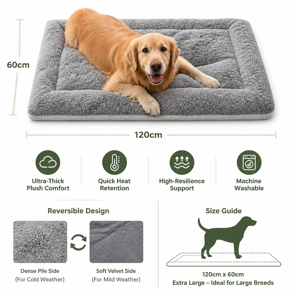 Extra Large Pet Bed | Ultra-Thick Reversible Plush | 120cm Velvet Cover | Comfortable Support