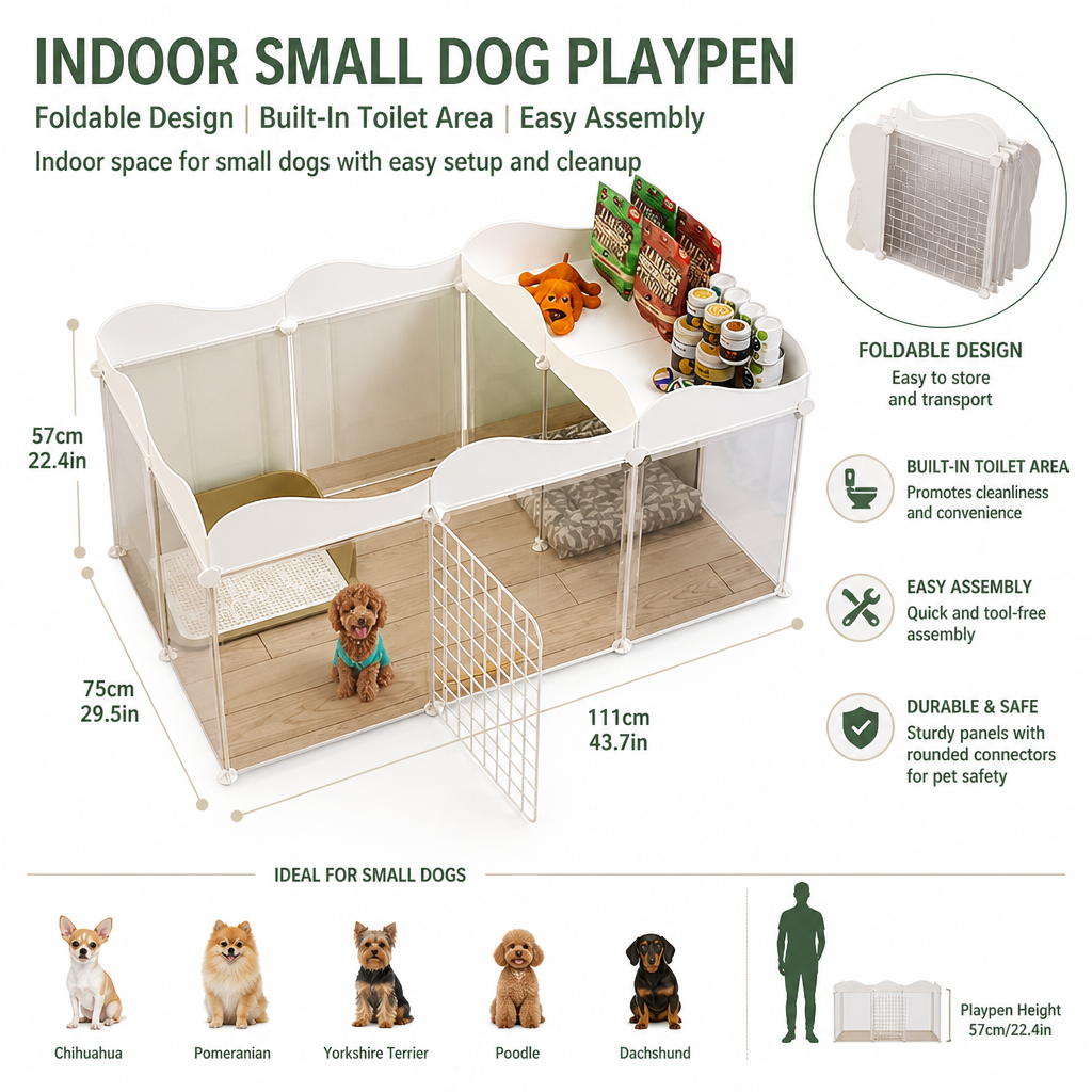 Indoor Small Dog Playpen | Foldable Design | Built-In Toilet Area | Easy Assembly