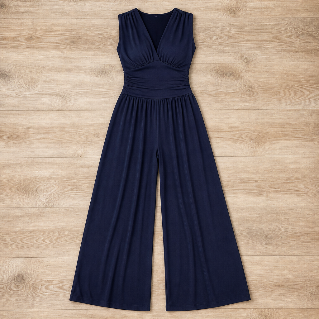 Verisse™ – Flowy Wide-Leg Jumpsuit with Ruched Waist and Deep V-Neck