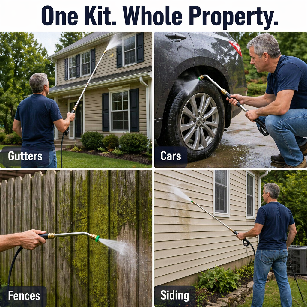 SkySweep™ — Power Through Gutters, Siding & Upper-Level Dirt Without Ladder Climbing
