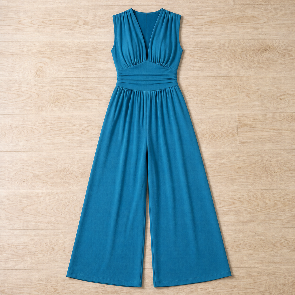 Verisse™ – Flowy Wide-Leg Jumpsuit with Ruched Waist and Deep V-Neck