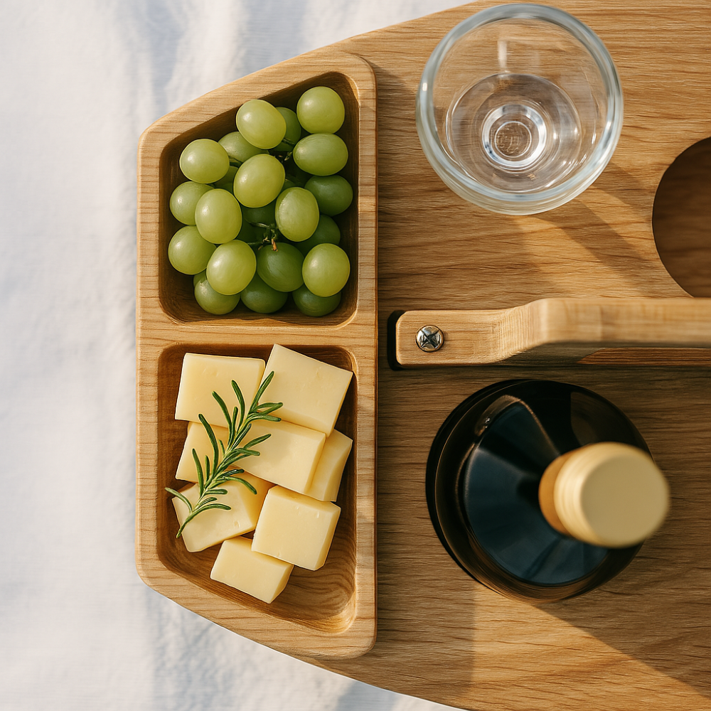 Wine Table Wooden Foldable | Snack Sections | Glass and Bottle Holders | Tray Table