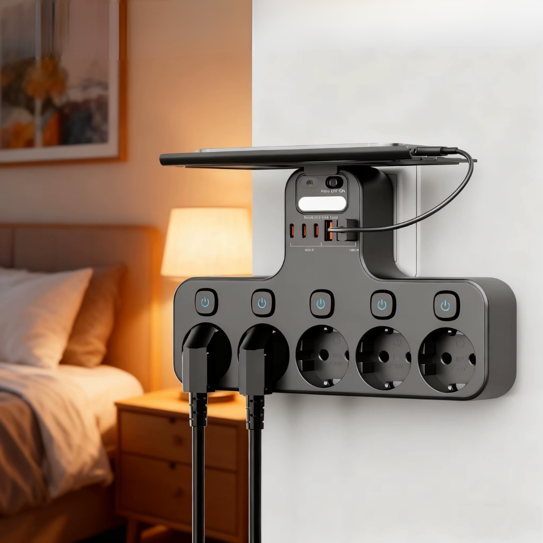 Wall Power Strip | Sockets Switched Individually | USB Charging Ports | WallCharge